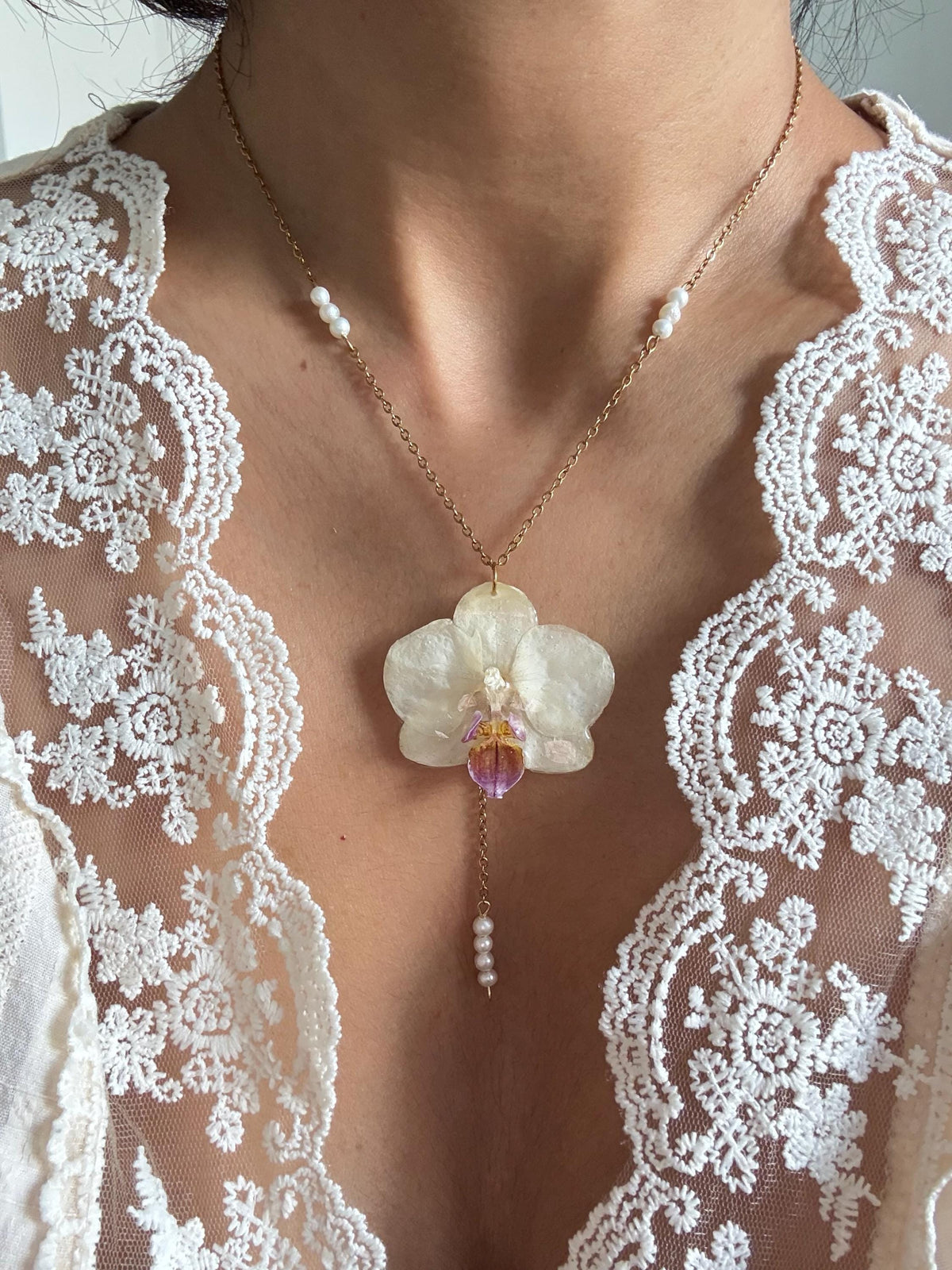 Orchid Pearl Necklace, Real Orchid Pendant, Handmade Botanical Jewellery