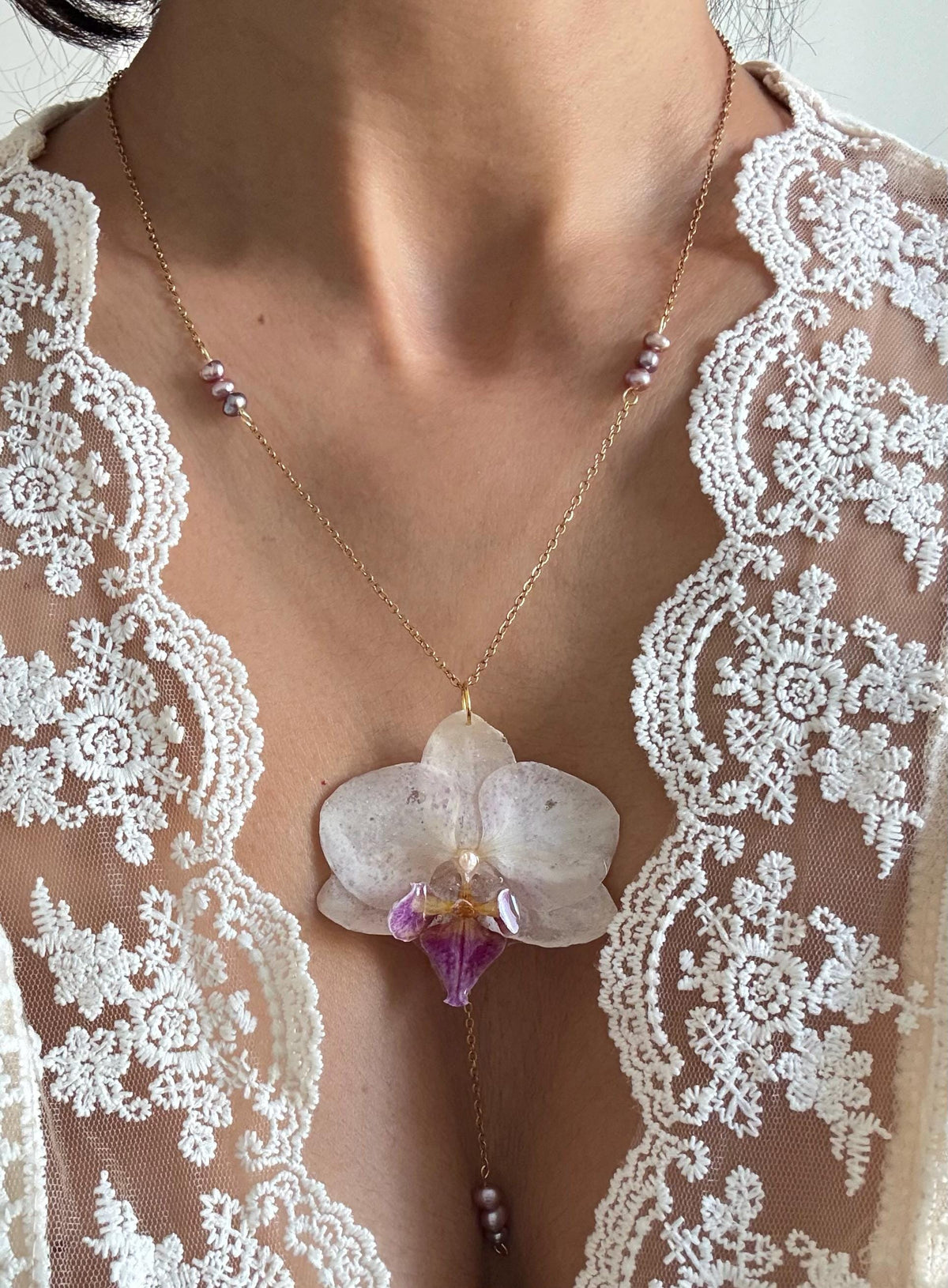 Handmade Orchid Necklace, fresh water pearl, Nature-Inspired Pearl Jewellery