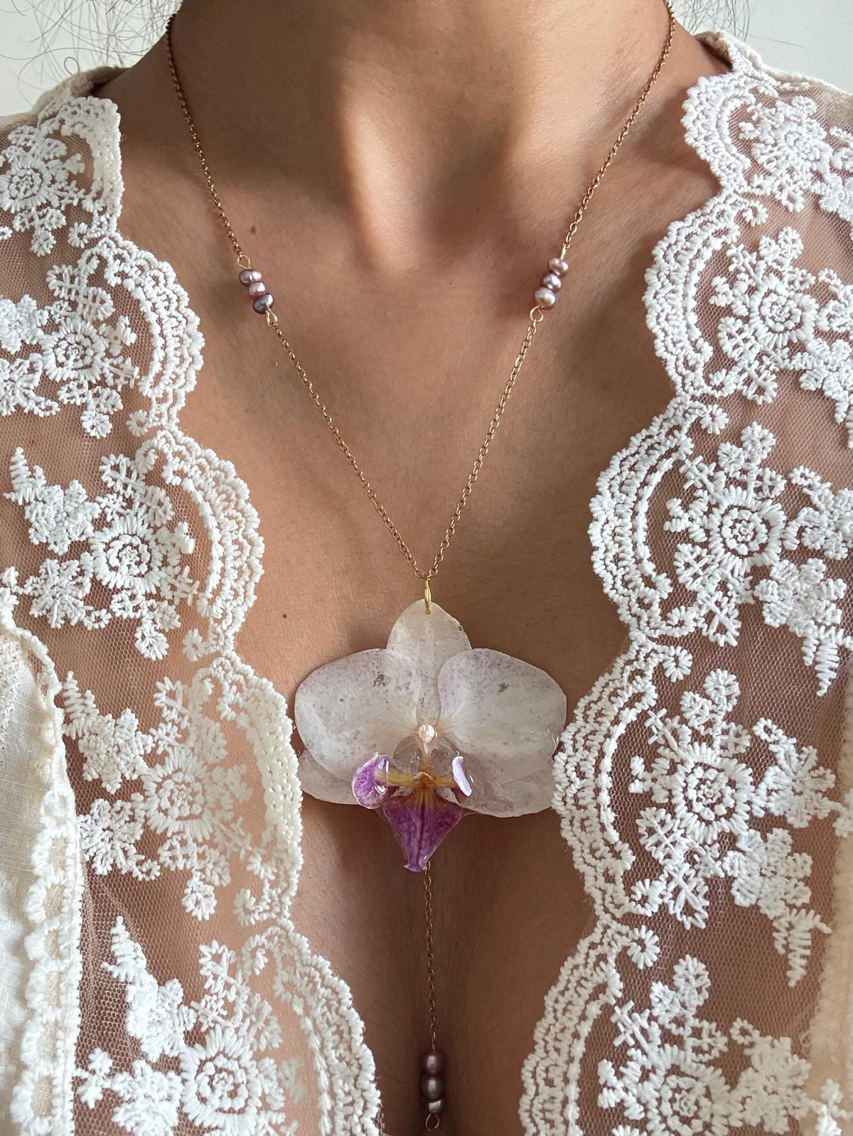 Handmade Orchid Necklace, fresh water pearl, Nature-Inspired Pearl Jewellery