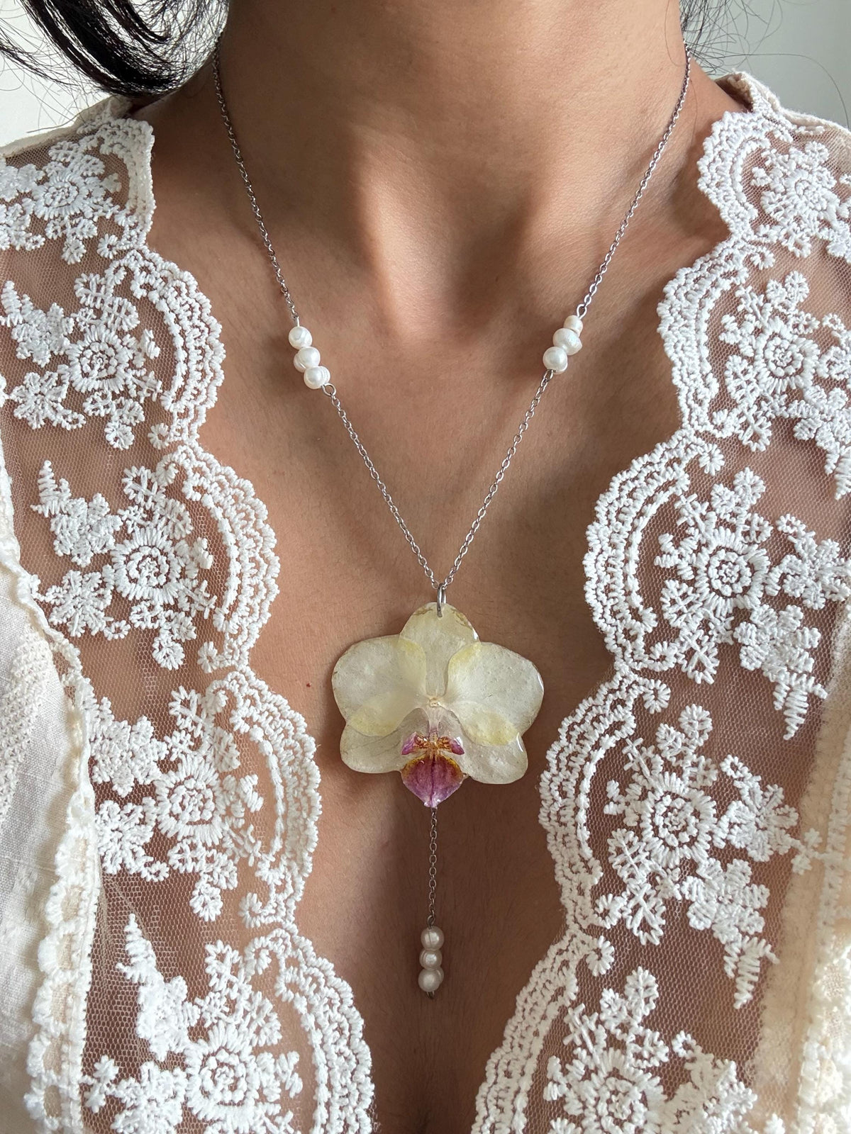 Handmade Orchid Necklace, fresh water pearl, Nature-Inspired Pearl Jewellery