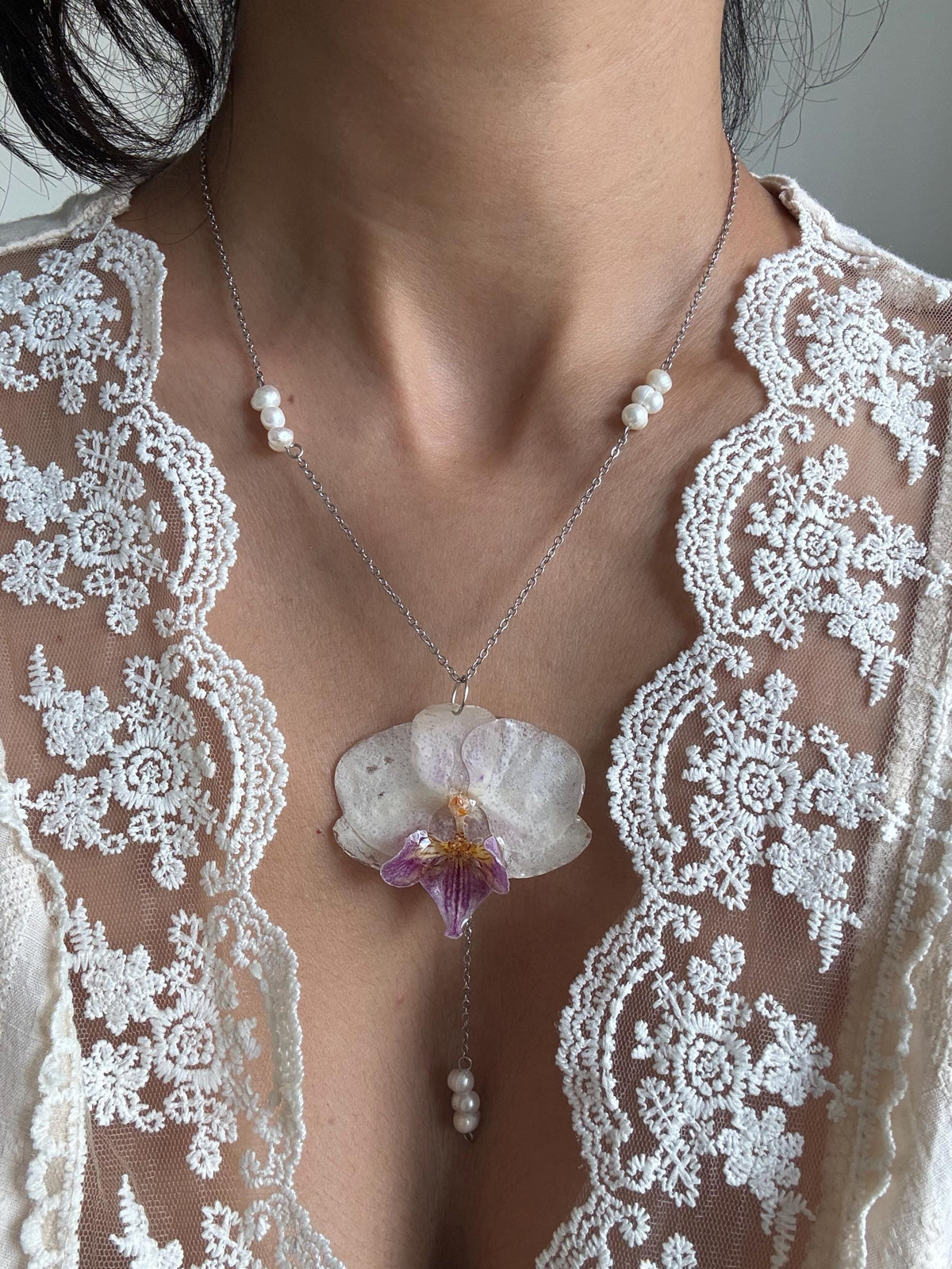 Handmade Orchid Necklace, fresh water pearl, Nature-Inspired Pearl Jewellery