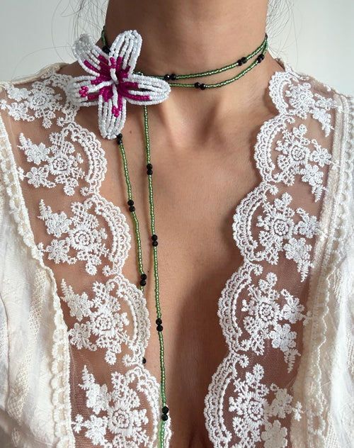 Handmade Beaded Lily Necklace | Delicate Floral Seed Bead Jewelry