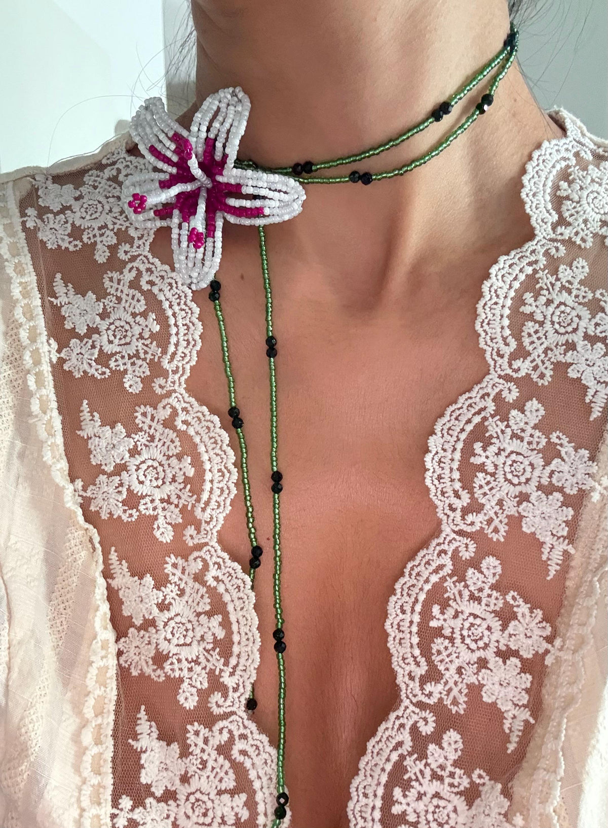 Handmade Beaded Lily Necklace | Delicate Floral Seed Bead Jewelry