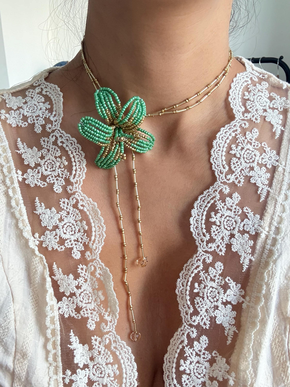Handmade Beaded Lily Necklace | Delicate Floral Seed Bead Jewelry