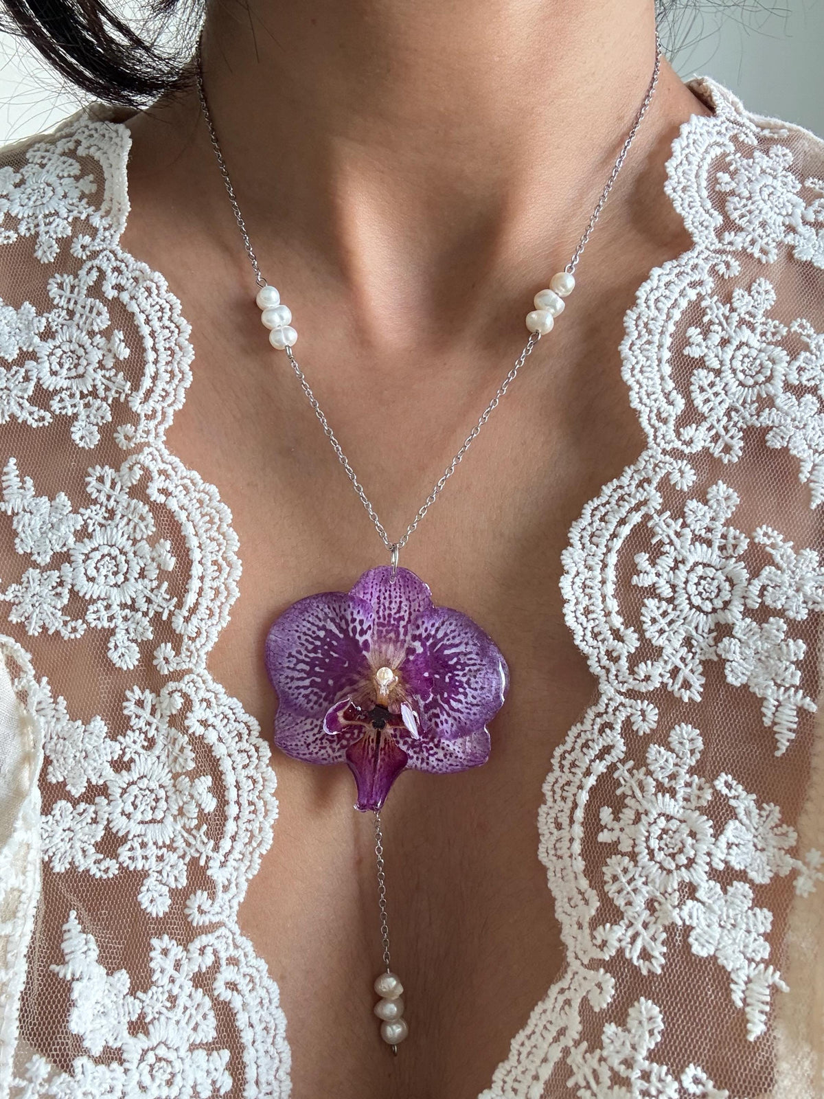 Handmade Orchid Necklace, fresh water pearl, Nature-Inspired Pearl Jewellery