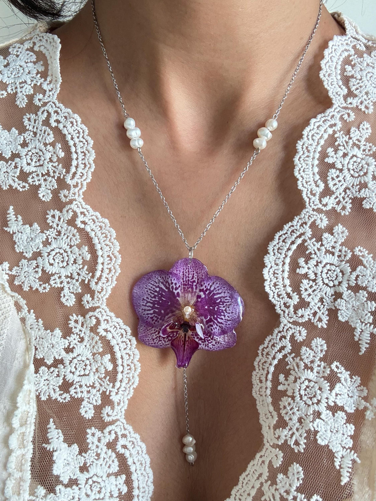 Handmade Orchid Necklace, fresh water pearl, Nature-Inspired Pearl Jewellery