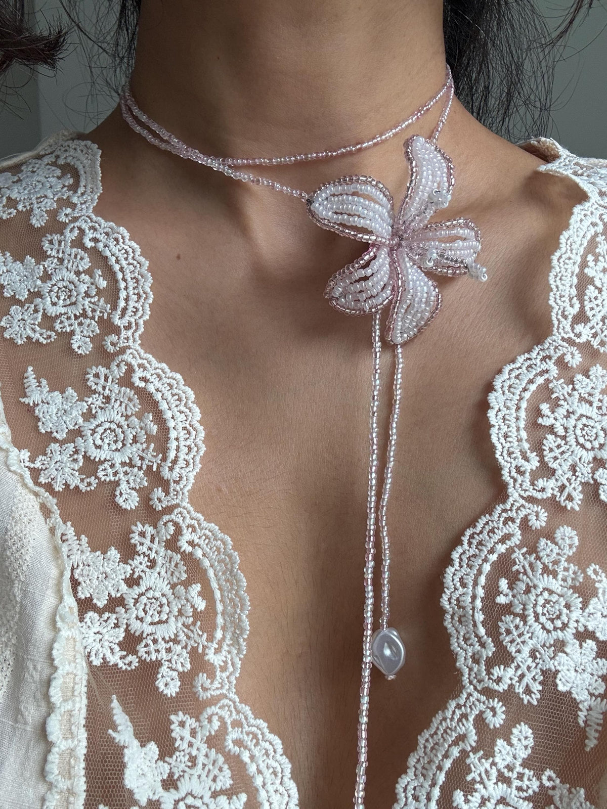Handmade Beaded Lily Necklace | Delicate Floral Seed Bead Jewelry