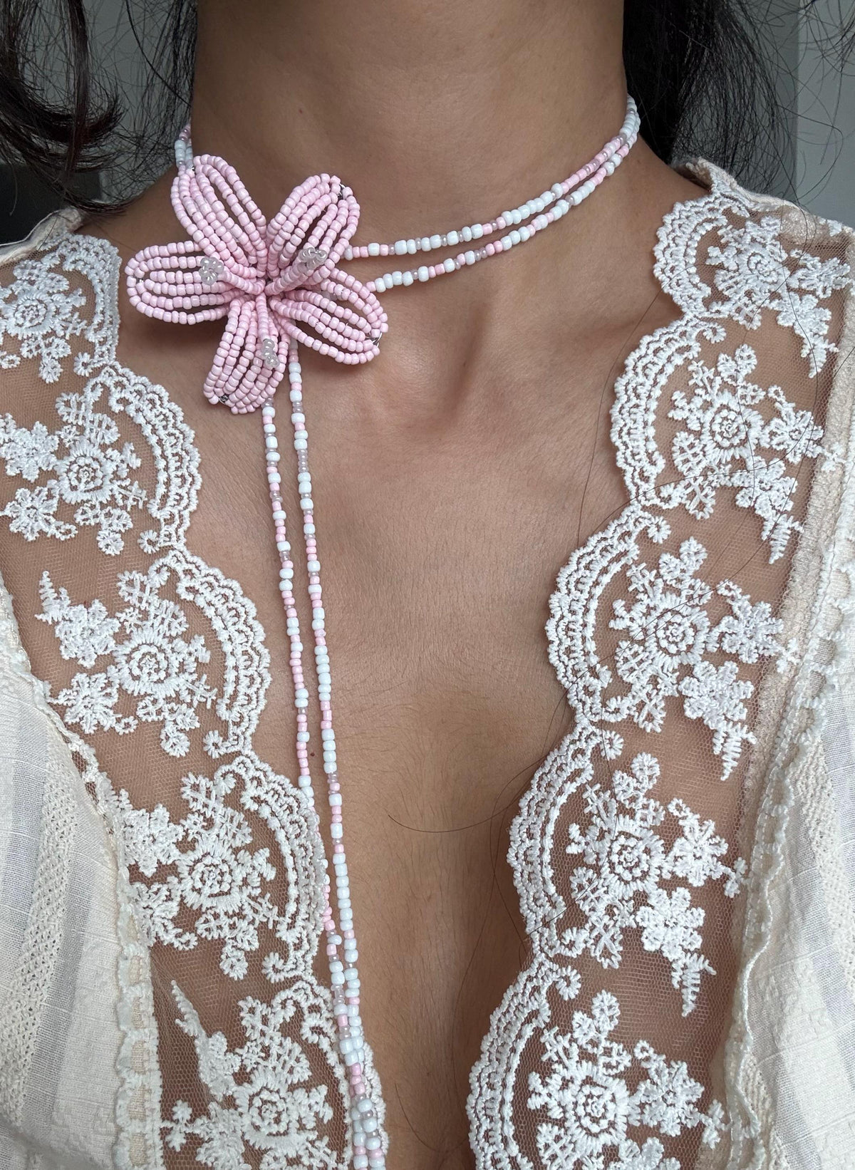 Handmade Beaded Lily Necklace | Delicate Floral Seed Bead Jewelry