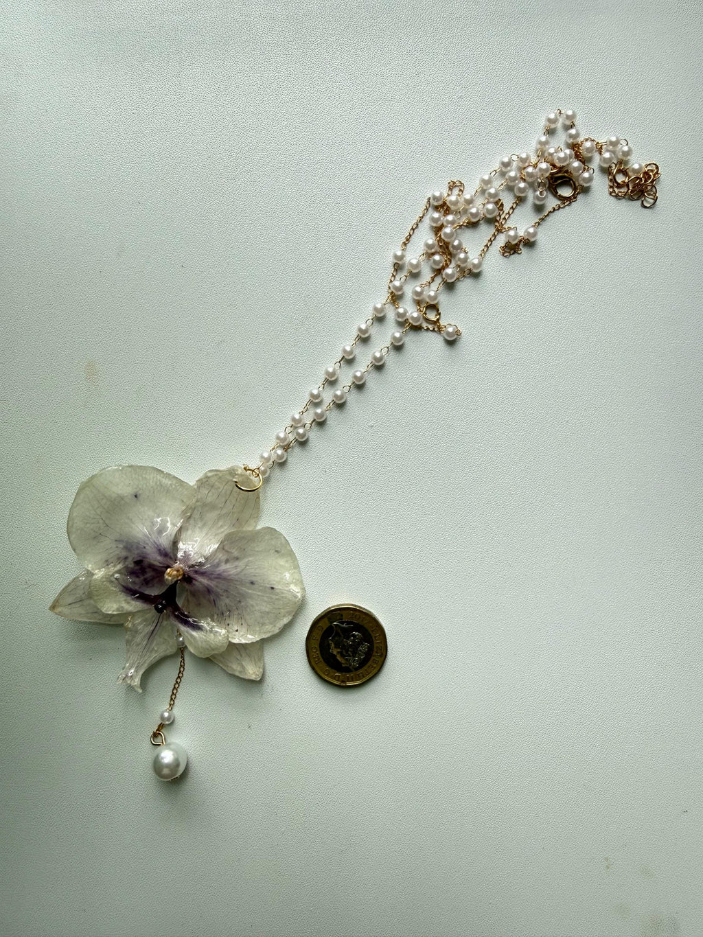 Orchid Pearl Necklace, Real Orchid Pendant, Handmade Botanical Jewellery