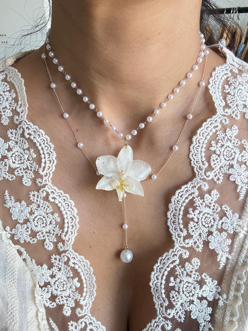 Orchid Pearl Necklace, Real Orchid Pendant, Handmade Botanical Jewellery