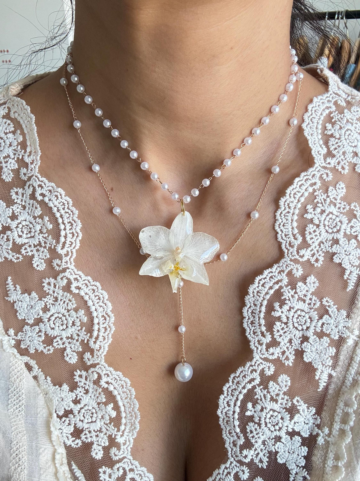 Orchid Pearl Necklace, Real Orchid Pendant, Handmade Botanical Jewellery