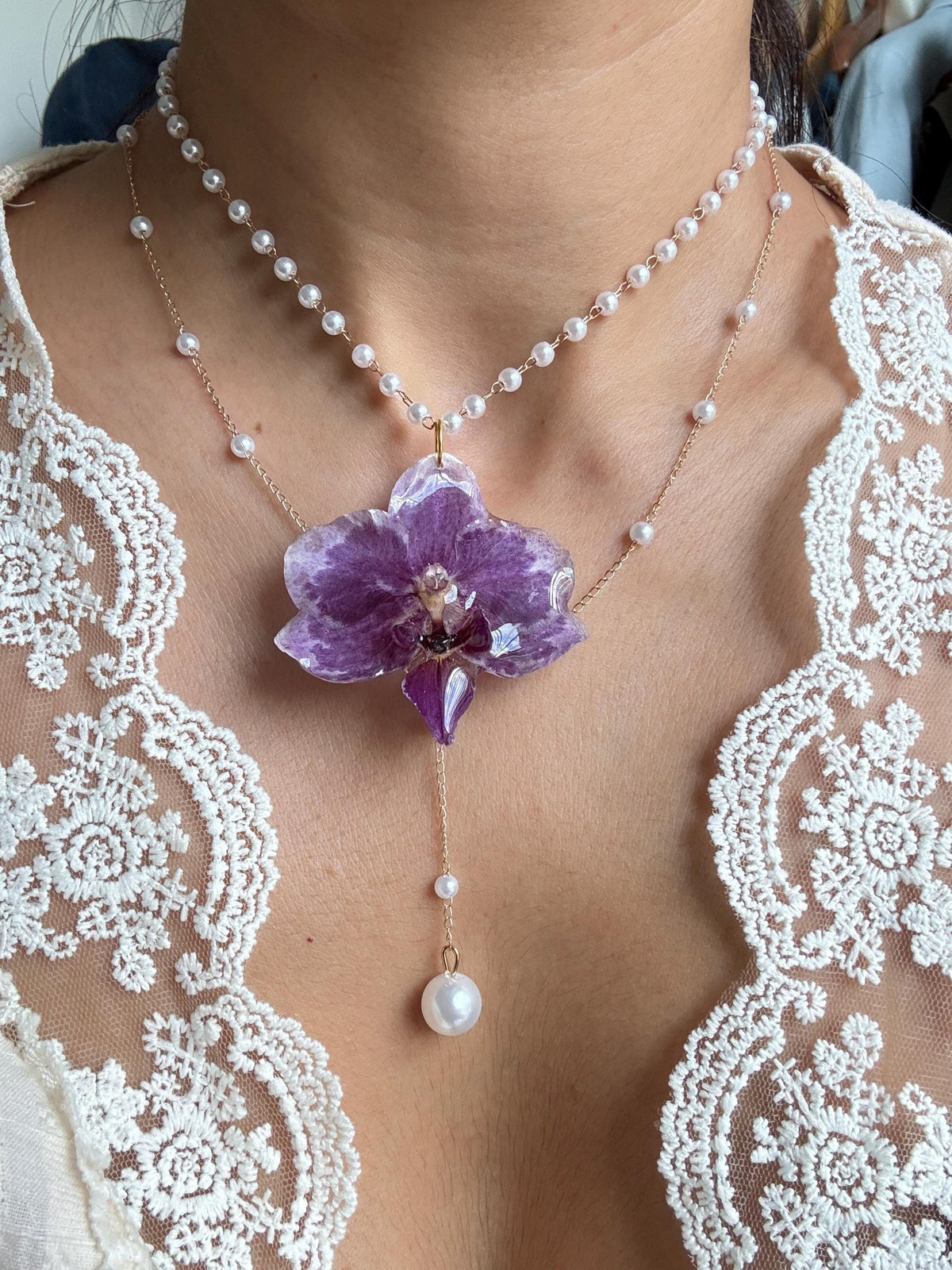 Orchid Pearl Necklace, Real Orchid Pendant, Handmade Botanical Jewellery