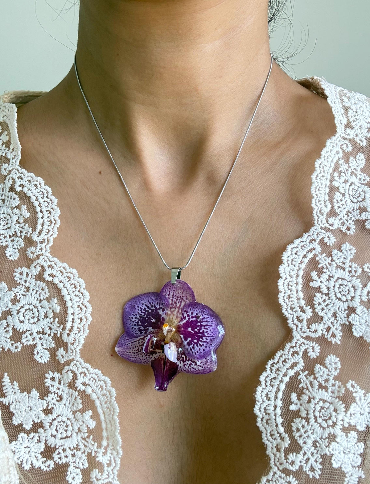 Real Orchid Necklace – Handmade Resin Botanical Jewellery, Stainless Steel Chain