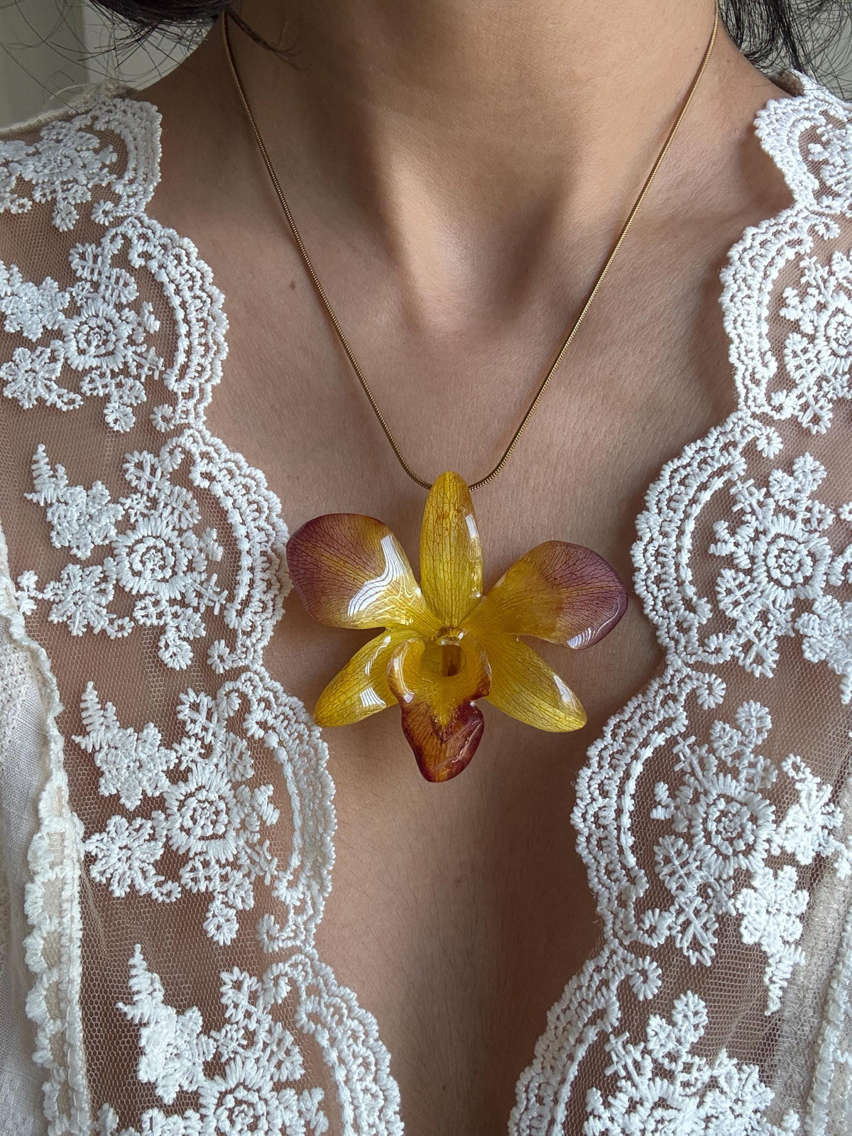 Real Orchid Necklace – Handmade Resin Botanical Jewellery, Stainless Steel Chain
