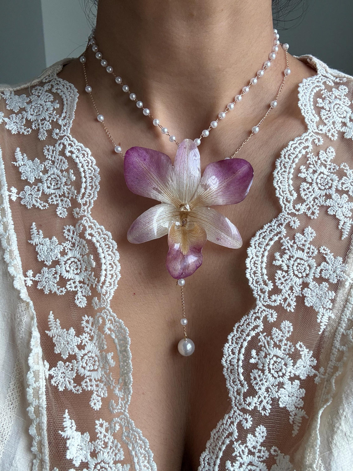 Orchid Pearl Necklace, Real Orchid Pendant, Handmade Botanical Jewellery