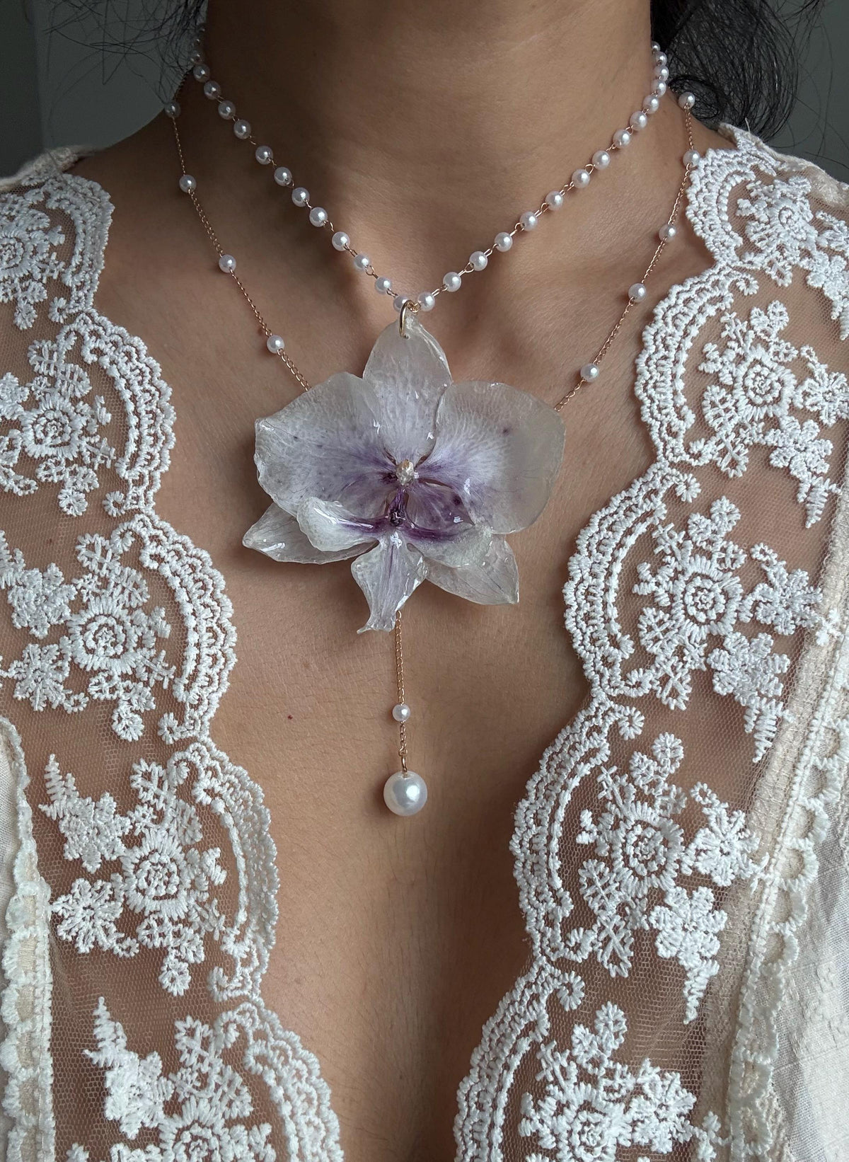 Orchid Pearl Necklace, Real Orchid Pendant, Handmade Botanical Jewellery