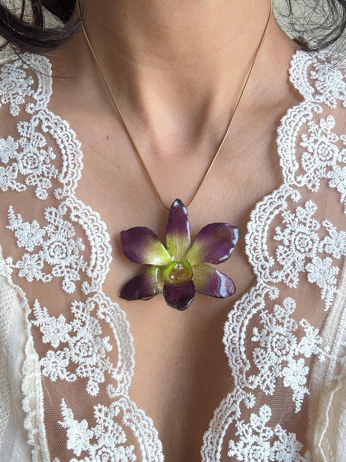 Real Orchid Necklace – Handmade Resin Botanical Jewellery, Stainless Steel Chain