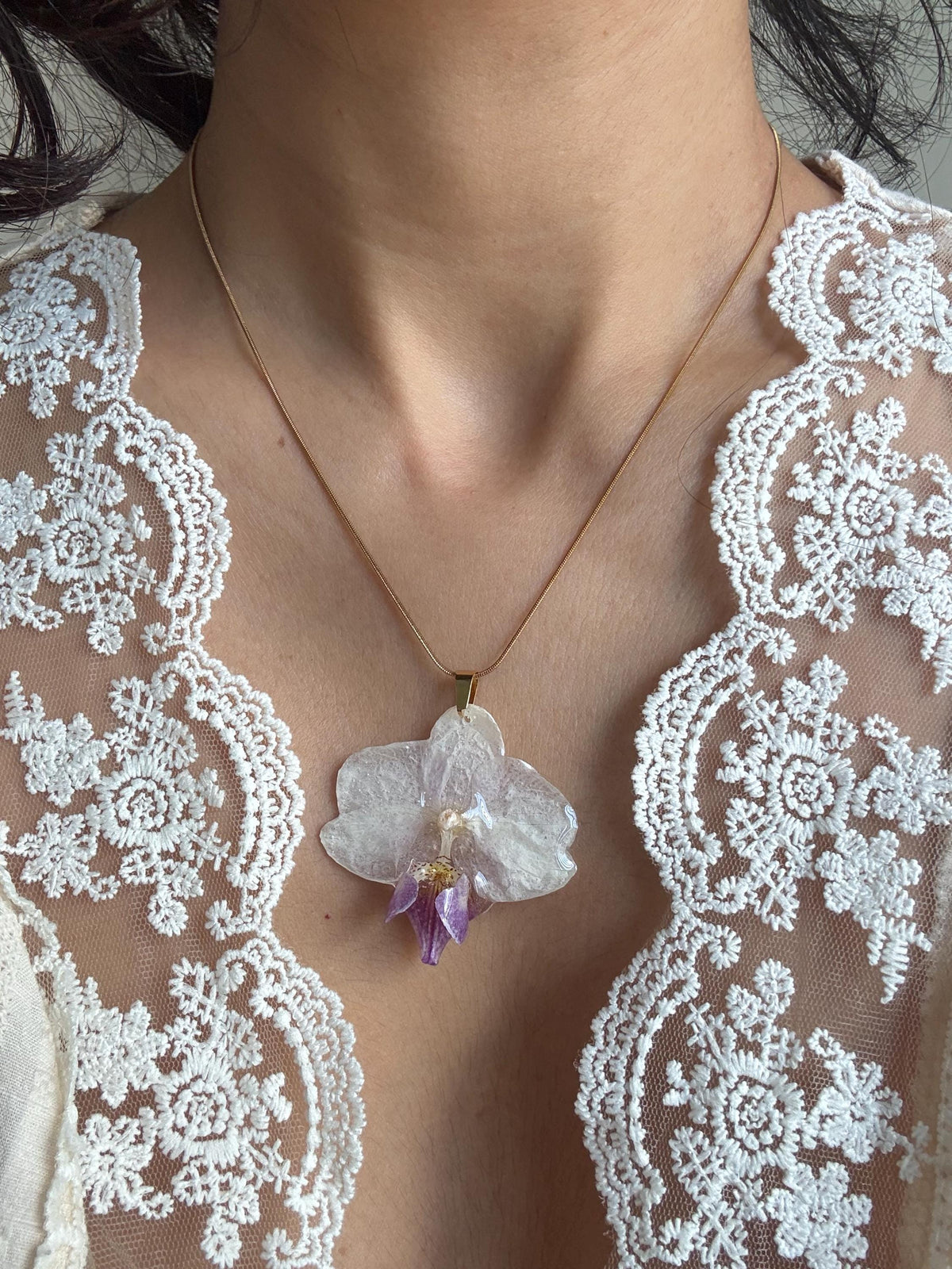 Real Orchid Necklace – Handmade Resin Botanical Jewellery, Stainless Steel Chain