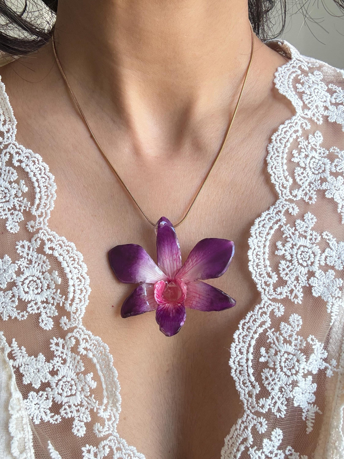 Real Orchid Necklace – Handmade Resin Botanical Jewellery, Stainless Steel Chain