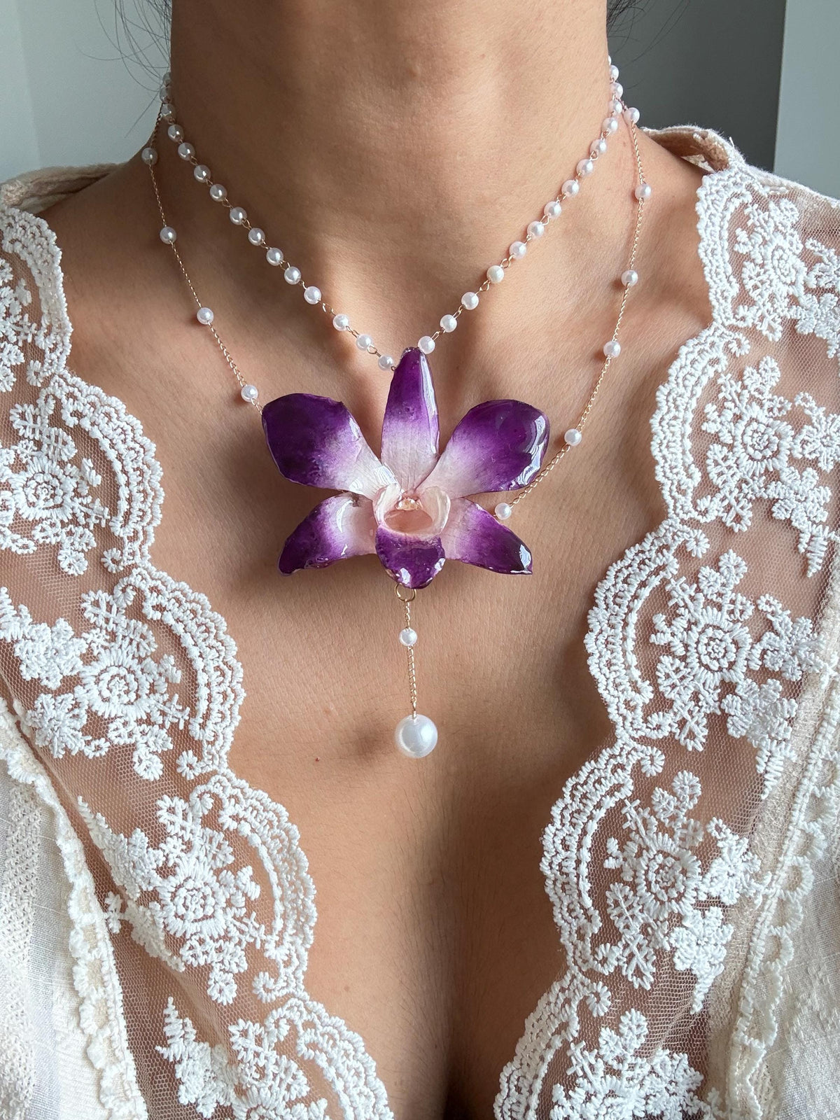 Orchid Pearl Necklace, Real Orchid Pendant, Handmade Botanical Jewellery
