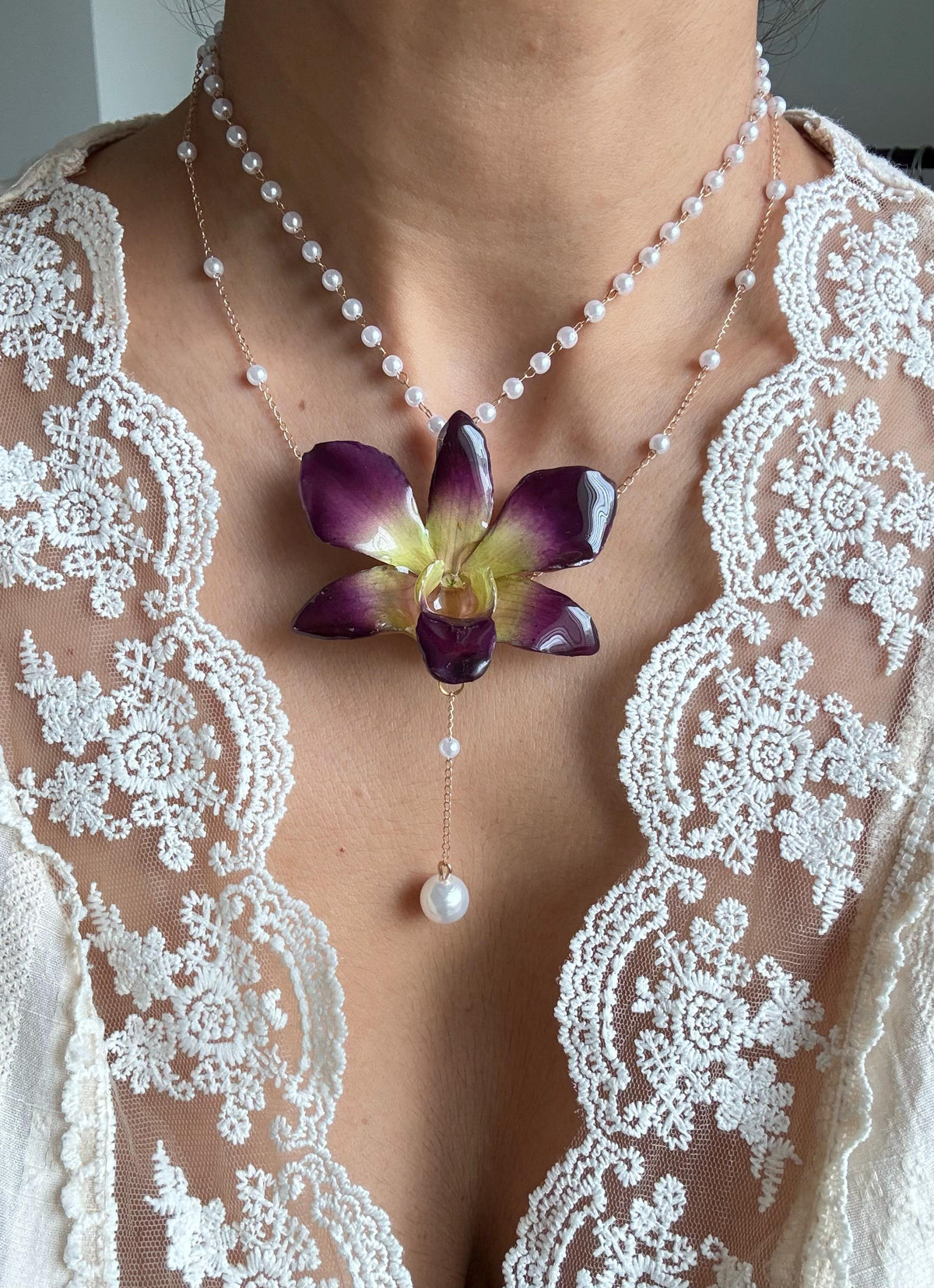 Orchid Pearl Necklace, Real Orchid Pendant, Handmade Botanical Jewellery