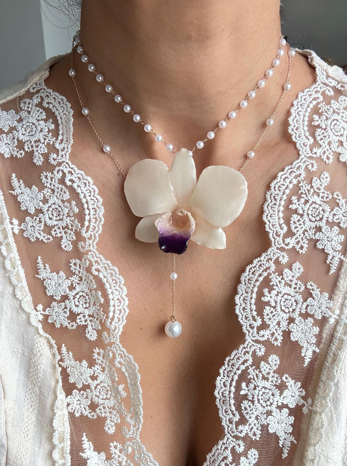 Orchid Pearl Necklace, Real Orchid Pendant, Handmade Botanical Jewellery